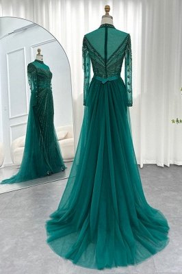 Gorgeous High Neck Beading Sequins Mermaid Evening Gown Long Sleeves Tulle Party Dress with Sweep Train_13