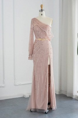 Impressionante vestido de noite sereia de um ombro com miçangas Dubai vestido formal com fenda frontal_3