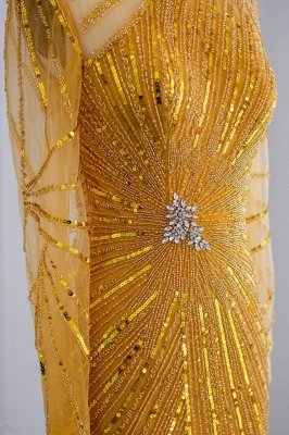 Элегантные вечерние платья русалки с высоким воротником и длинными рукавами, украшенные бисером и кристаллами_5