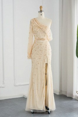 Impressionante vestido de noite sereia de um ombro com miçangas Dubai vestido formal com fenda frontal_1
