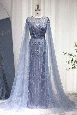 Luxury Scoop Neck Beading Mermaid Evening Dress Cape Sleeves Dubai Wedding Party Gown_9