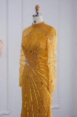 Элегантные вечерние платья русалки с высоким воротником и длинными рукавами, украшенные бисером и кристаллами_4