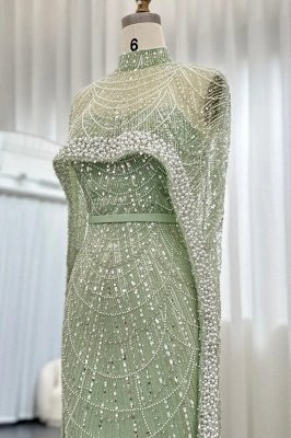 Vestido de noite luxuoso de sereia com pérolas Dubai e mangas de capa, vestido de festa até o chão com lantejoulas_19