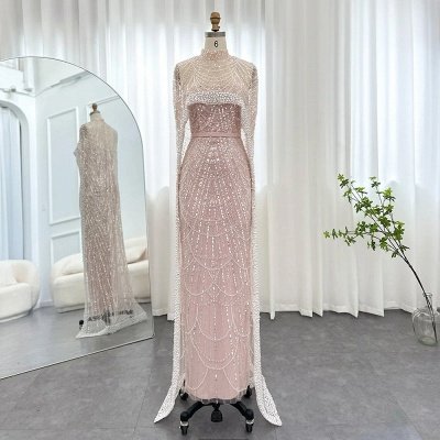 Luxury Pearls Dubai Mermaid Evening Dress with Cape Sleeves Seequined Floor Length Party Dress_2