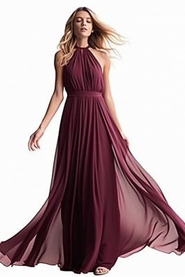 Halter Chiffon Purple Pleats A-line Evening Dresses_3