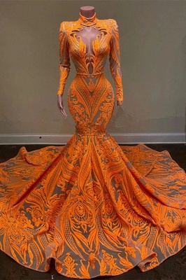 Hochgeschlossenes, orangefarbenes Meerjungfrau-Abschlussballkleid mit Pailletten_1