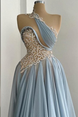 One shoulder Dusty Blue Empire Floor length Evening Dresses_2