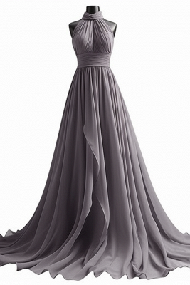 Halter Chiffon Purple Pleats A-line Evening Dresses_7