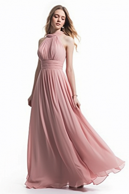 Halter Chiffon Purple Pleats A-line Evening Dresses_2