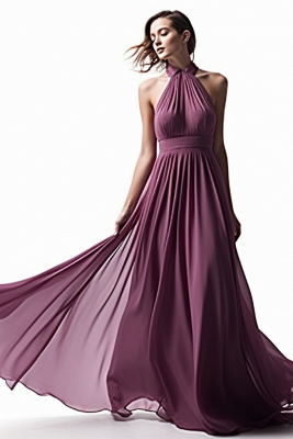 Halter Chiffon Purple Pleats A-line Evening Dresses_1