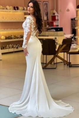Белые атласные свадебные платья русалки с длинными рукавами и кружевной аппликацией_2