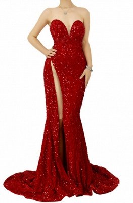 Red Sweetheart Court Train Long Prom Dresses