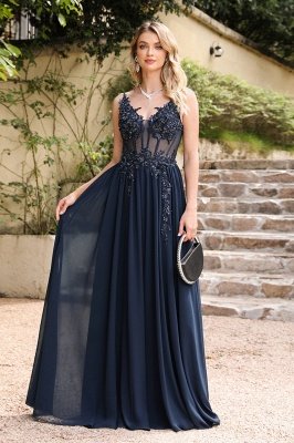 A-line Navy Blue Evening Dress Sleeveless Chiffon Lace Prom Dress with Appliques