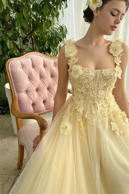 Square neck Yellow Tulle Long Prom Dresses with Lace Appliques_3