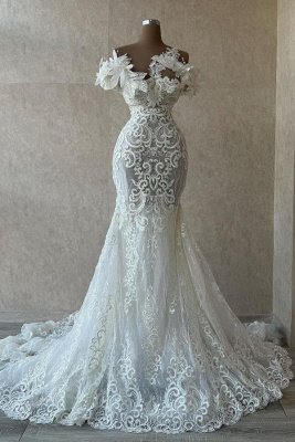 Schulterfreie Brautkleider im Meerjungfrau-Stil mit weißen Blumen und Spitze