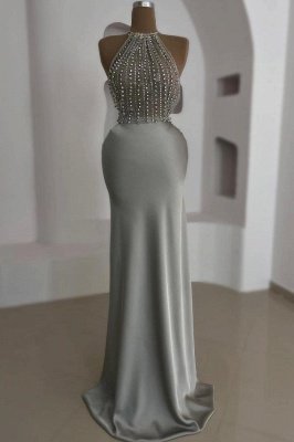 Halter Lace Low back Silver Satin Long Prom Dresses