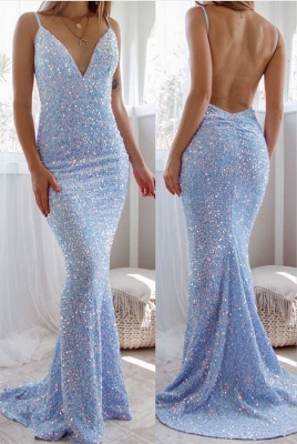 V-neck Straps Sky Blue Mermaid Lace Prom Dresses