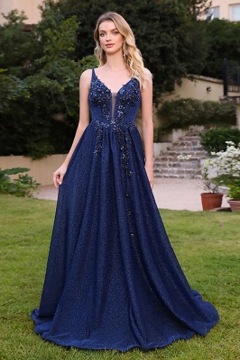 Atemberaubendes ärmelloses A-Linien-Abendkleid in dunklem Marineblau, glitzerndes, schlichtes formelles Kleid mit Spitzenapplikationen