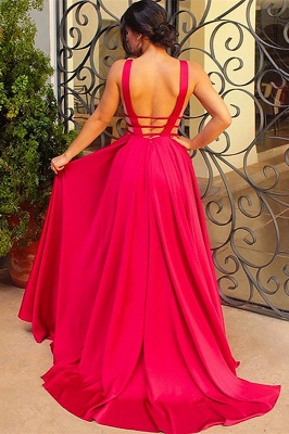 Рубиновые платья для выпускного вечера без рукавов с глубоким V-образным вырезом_2