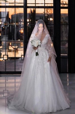 Vestidos de noiva Prices Marfim com mangas compridas e decote em V_3