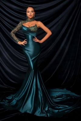 One shoulder Dark Green Mermaid Court Train Prom Dresses