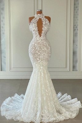 Halter Keyhole White Lace Mermaid Wedding Dresses