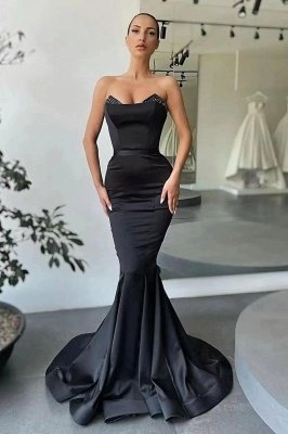 Black Strapless Mermaid Satin Prom Dresses_1