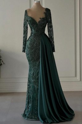 Dark Green Long sleeves Mermaid Long Prom Dresses