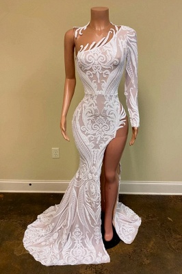 One shoulder Satin White High split Mermaid Prom Dresses