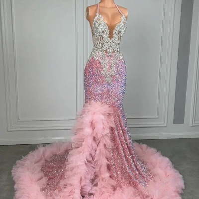 Pink Mermaid Sequin Ruffles Split Prom Dresses_4