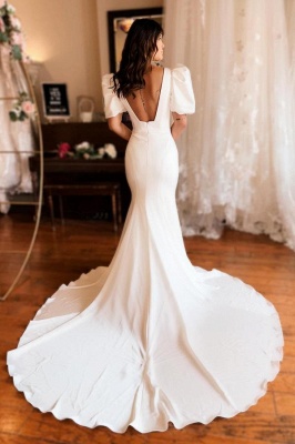 Кружевные свадебные платья русалки с короткими рукавами и квадратным вырезом_2