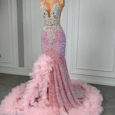 Pink Mermaid Sequin Ruffles Split Prom Dresses_3