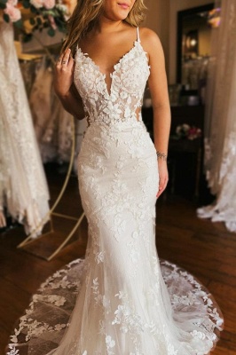 V-neck Lace Mermaid White Elegent Wedding Dresses_2