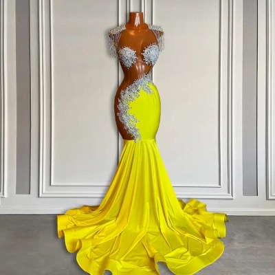 Sirena amarilla Vestidos de fiesta de sirena con cuentas plateadas_2