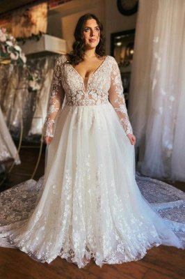 Long sleeves White Lace V-neck Plus Size Wedding Dresses