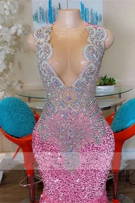 Sleeveless Silver Beaded Pink Sequin Mermaid Prom Dresses_2