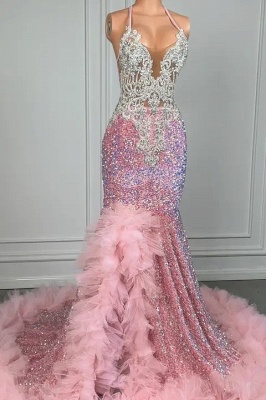 Pink Mermaid Sequin Ruffles Split Prom Dresses_5