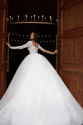 Кружевное белое бальное платье с длинными рукавами Свадебные платья_2