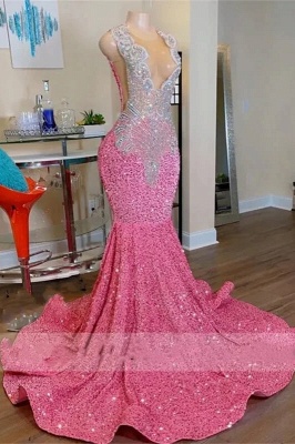 Sleeveless Silver Beaded Pink Sequin Mermaid Prom Dresses_3