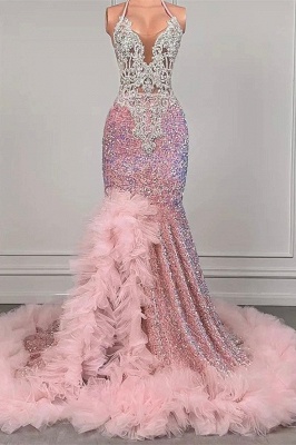 Pink Mermaid Sequin Ruffles Split Prom Dresses_1