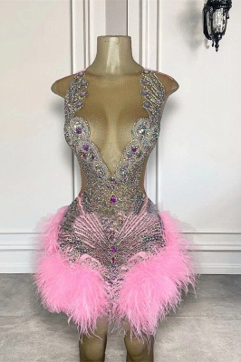 Платье для выпускного вечера с розовыми перьями и круглым вырезом, мини-длина, бисероплетение
