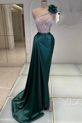 Strapless Dark Green Beaded Top Prom Dresses