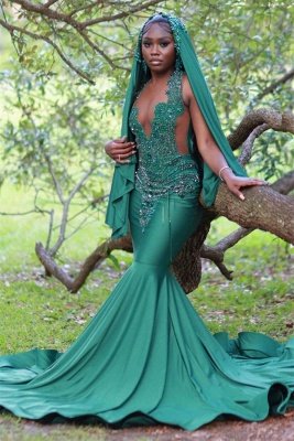 Dark Green Halter Beaded Mermaid Prom Dresses