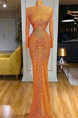 Long sleeves Orange Mermaid Sequin Prom Dresses