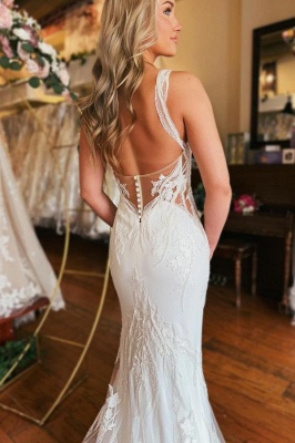 Straps V-neck White Lace Mermaid Wedding Dresses_4