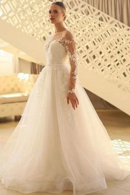 Белое кружевное бальное платье с длинными рукавами Свадебные платья