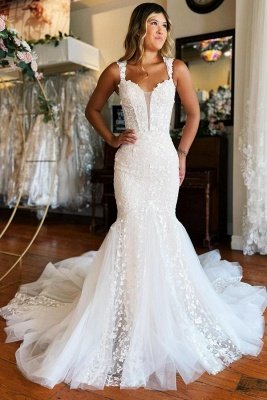 White lace Straps Mermaid Lace Wedding Dresses