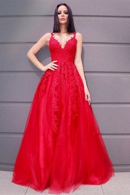 V-neck Red Sleeveless Ball Gown Floor length Prom Dresses