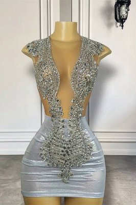 Silver Beaded Cap sleeves Short Mini length Prom Dresses