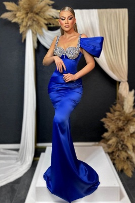 Vestidos de baile de cetim sereia azul royal com um ombro